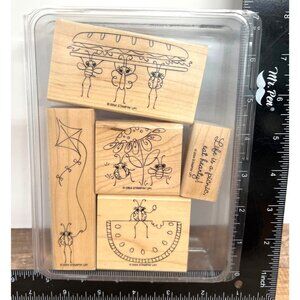 2004 STAMPIN' UP! Ladybug Picnic Wood Mounted Rubber Stamp set of 5 WATERMELON